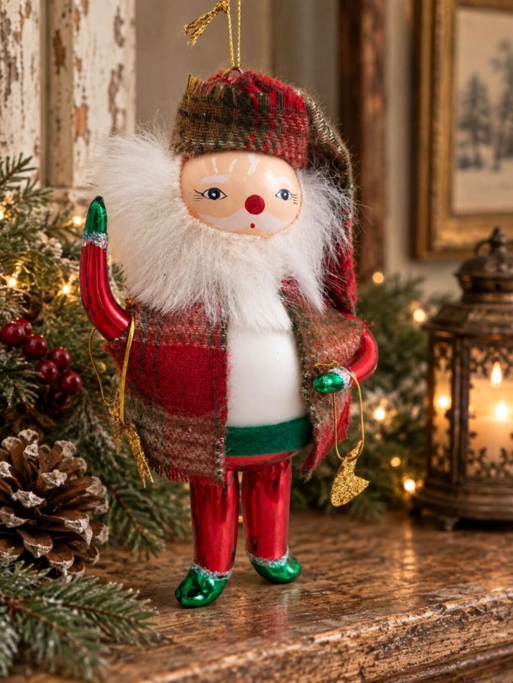 Santa Claus Ornament With Plaid Cloak & Glitter Accents Vintage Christmas Decor